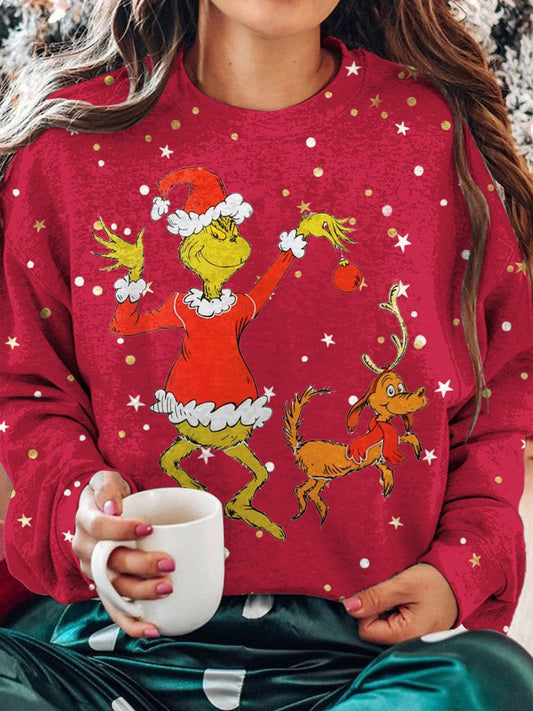 Women's Character Elf Puppy Christmas Print Long Sleeve Top