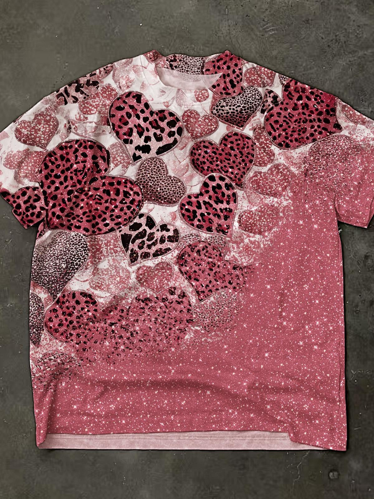 Valentine's Day Leopard Heart Print Crew Neck T-shirt