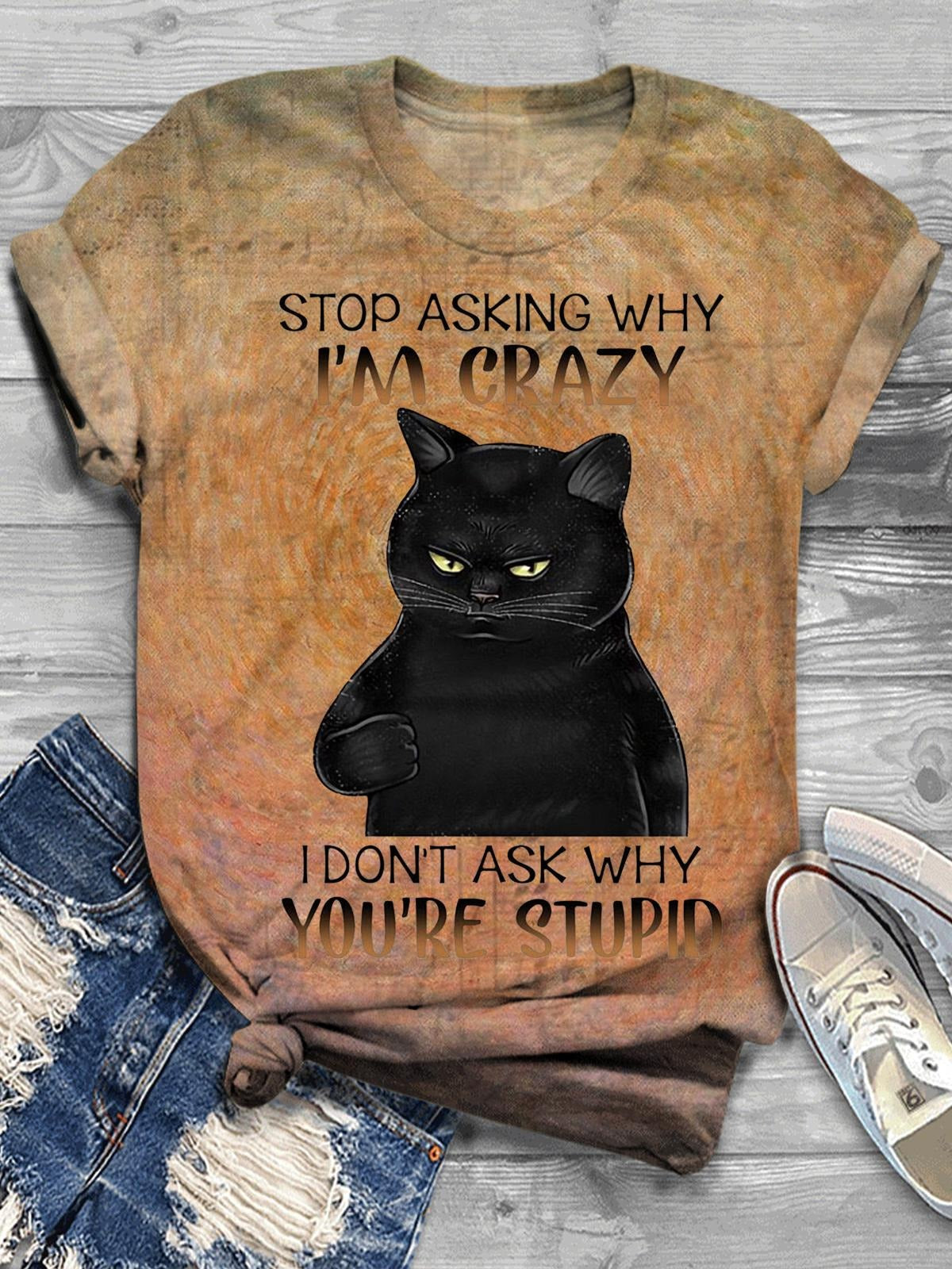 Women's I'm Crazy Cute Cat Vintage Print Casual Crew Neck T-Shirt