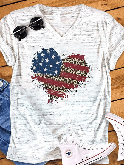 American Flag Heart Print V Neck T-shirt