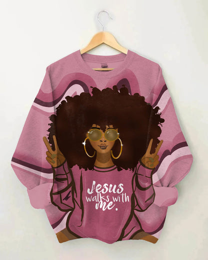 Afro Girl Jesus Walks with Me Long Sleeve Sweatshirt