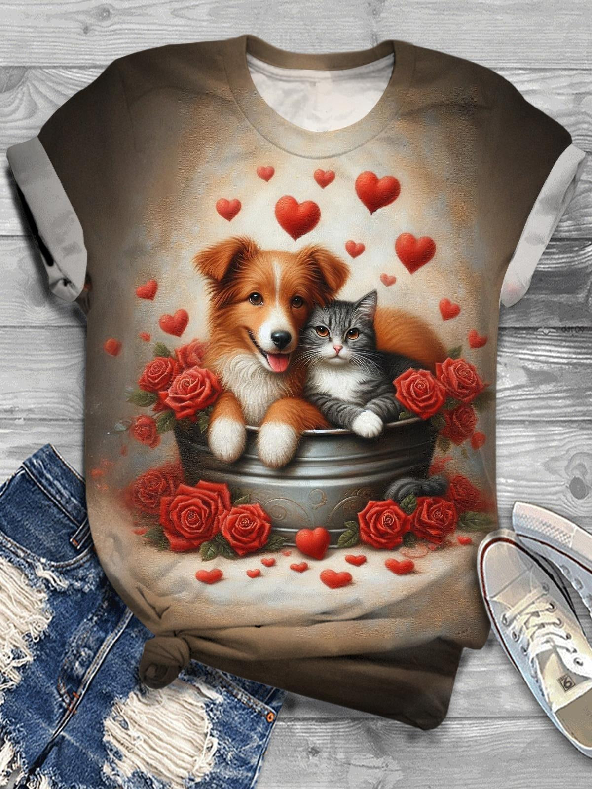 Cat And Dog Friends Valentine'S Day Crew Neck T-shirt