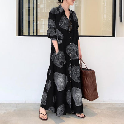 Cotton Linen Long Sleeve Printed Cotton Maxi Dress