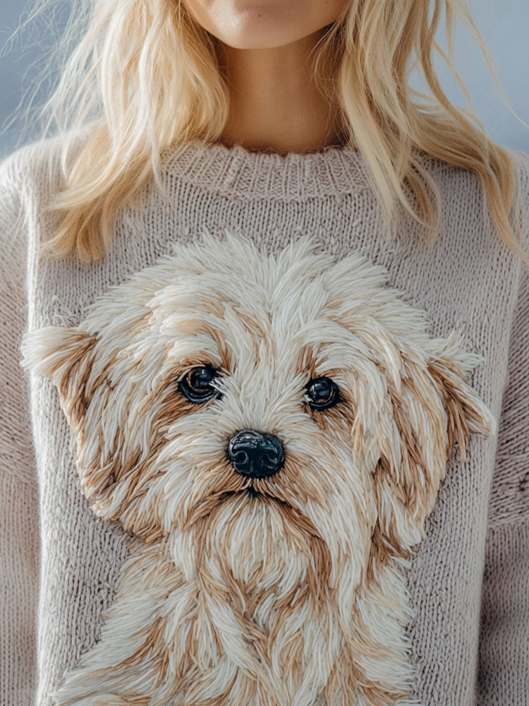 Lovely Fuzzy Dog Embroidered Crew Neck Cozy Sweater
