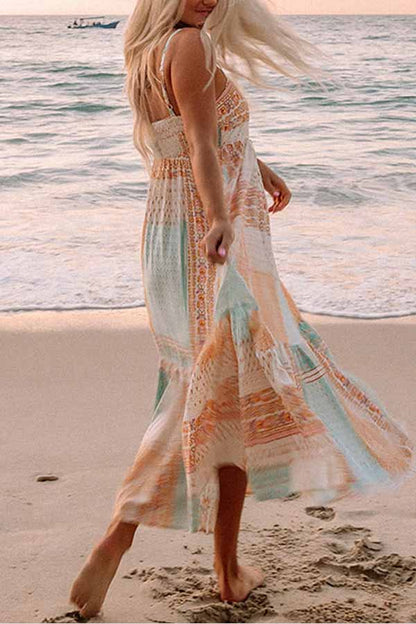 Multicolor Boho Patchwork Print Square Neck Sundress