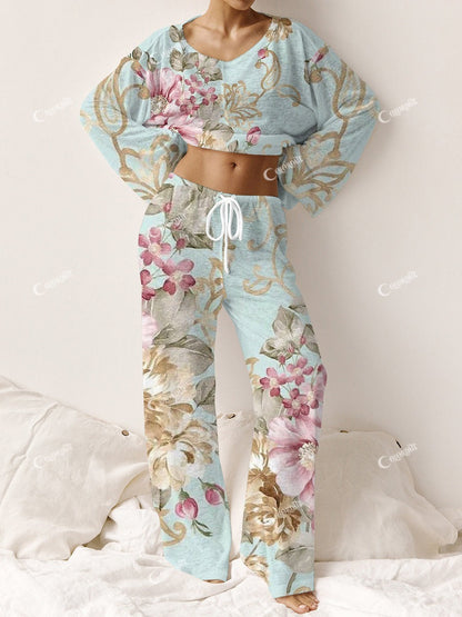 Women's Classic Floral Elegant Crew Neck Pajama Set
