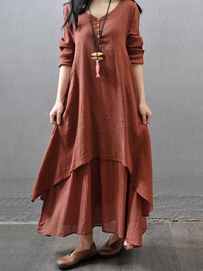 Ladies Cotton Linen Fake Two Piece Long Sleeve Dress