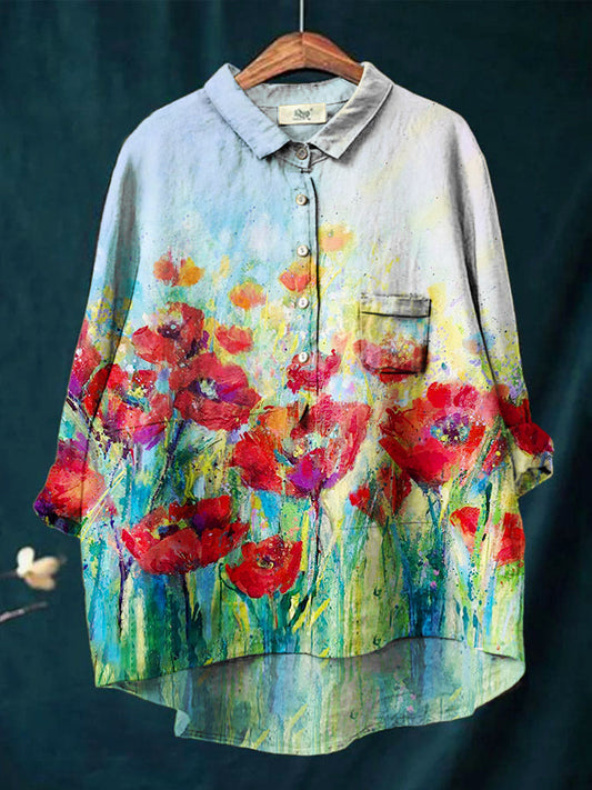 Women's Colorblock Floral Print Casual Cotton And Linen Shirt