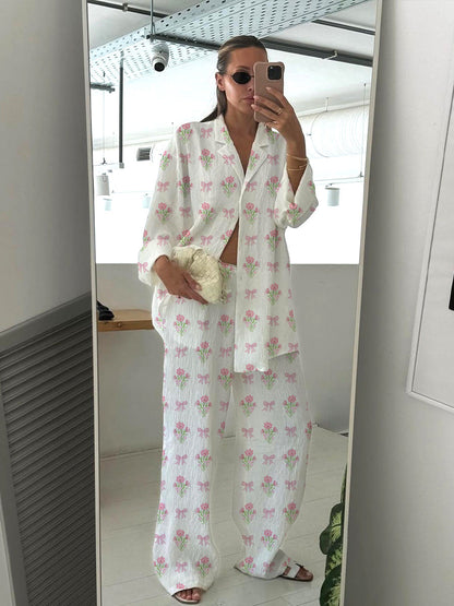 Colordate Love Whisper Women's Bows And Flowers Print Cotton Cardigan Homewear Set