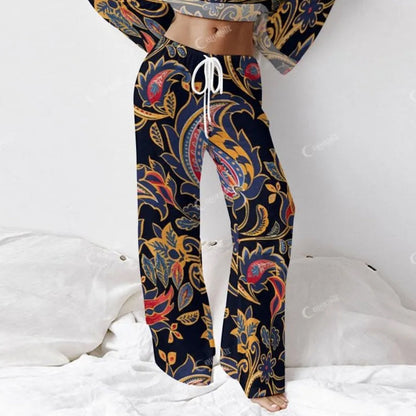 Colordate Women's Cashew Nut Pattern Print Long Sleeve Cotton Homewear Set