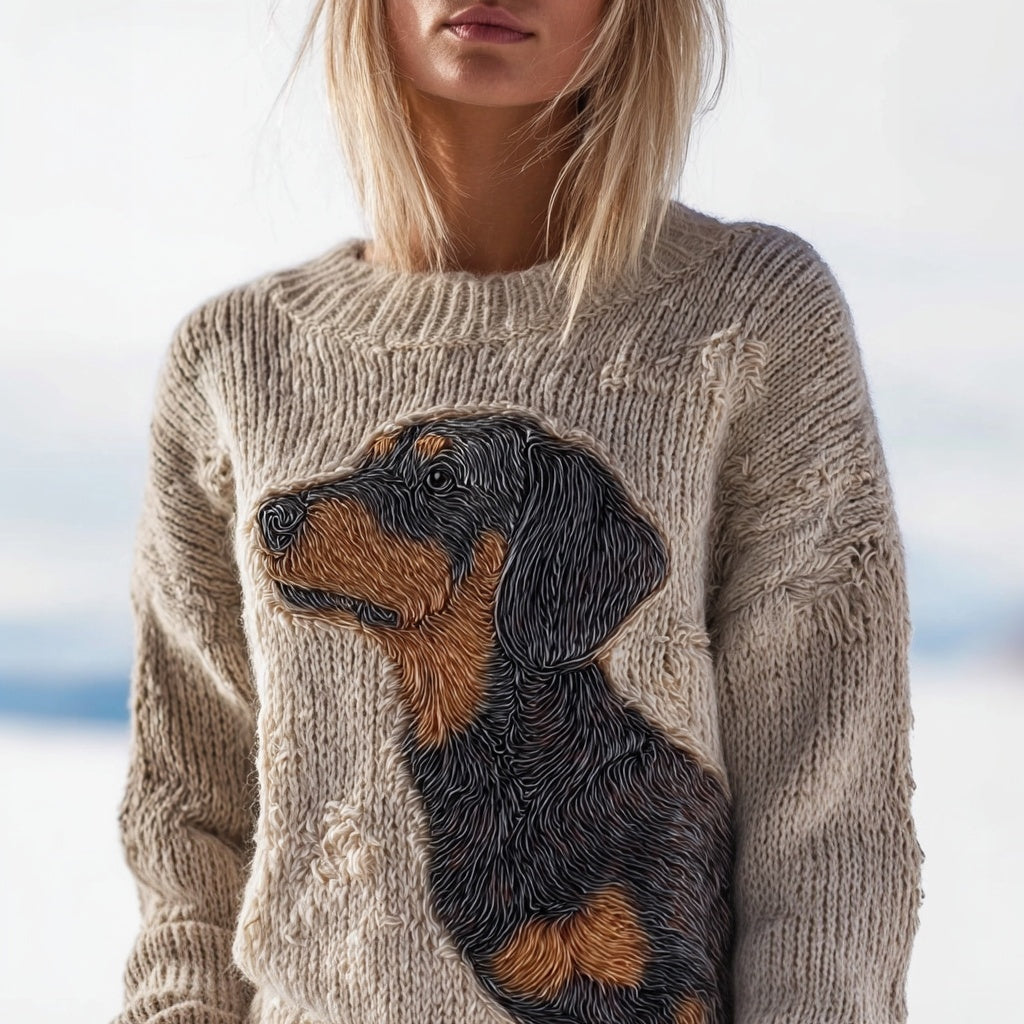 Cute Dachshund Embroidered Cozy Knit Sweater