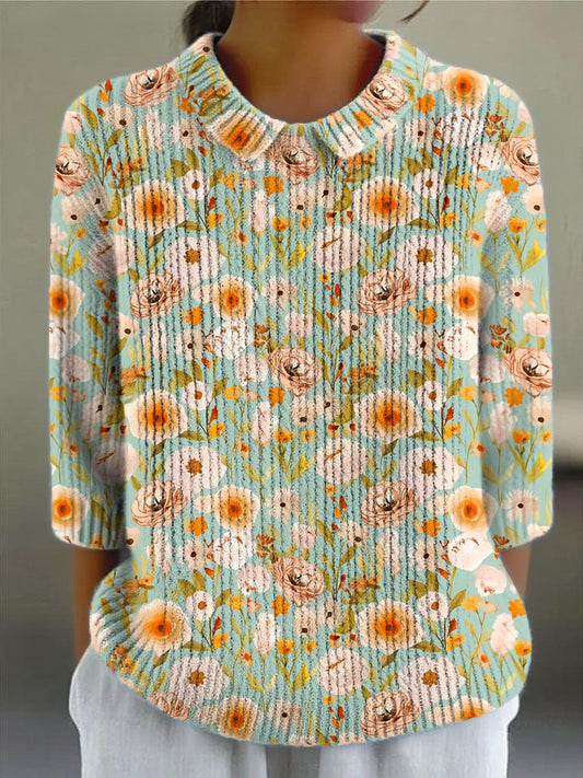 Women's Vintage Floral Art Print Casual Pullover Sweater