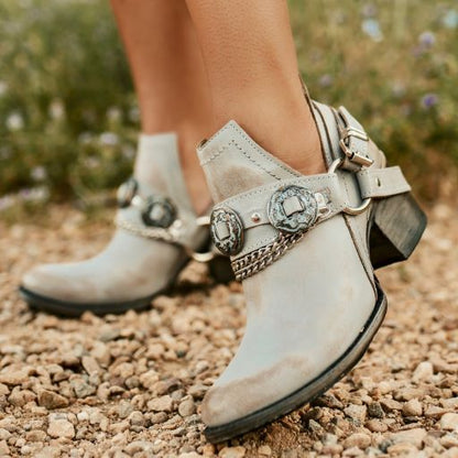 Western Style Rivets Vintage Block Heel PU Leather Zipper Ankle Boots