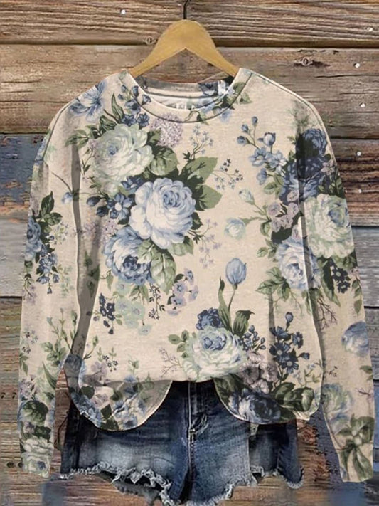 Vintage Lovely Floral Art Print Casual Long Sleeve Top