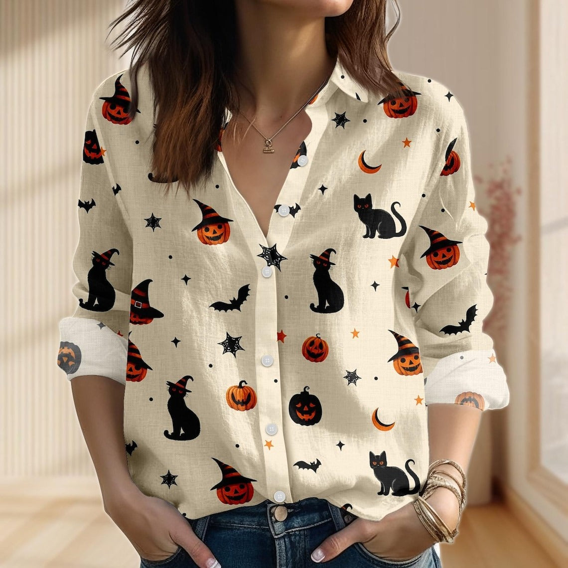 Women's Halloween Black Cat Pumpkin  Print Casual Shirt