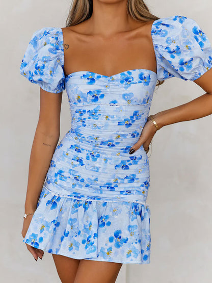 Puff sleeve printing dress