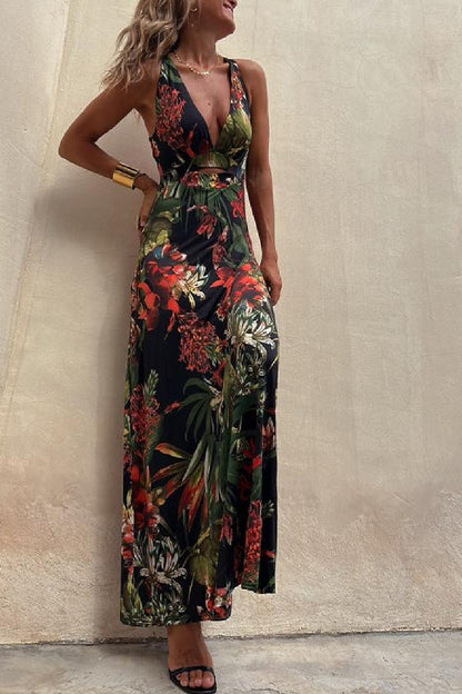 RAINFOREST PARADISE TROPICAL PRINT CUTOUT BACK CROSSOVER STRETCH MAXI DRESS