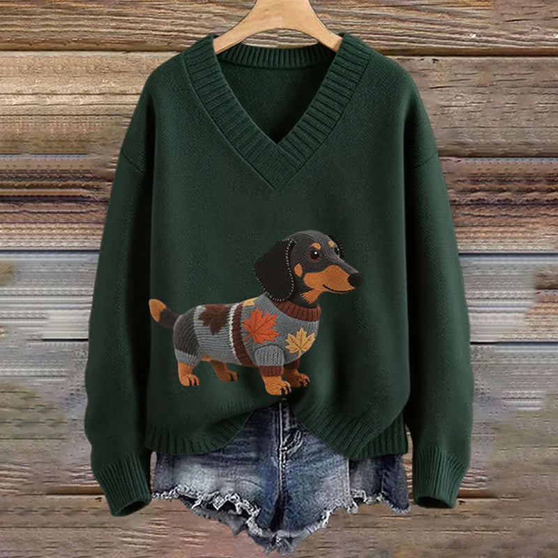 Vintage Dachshund Felt In Gradient Art Inspired Embroidered Cozy Knit Sweater