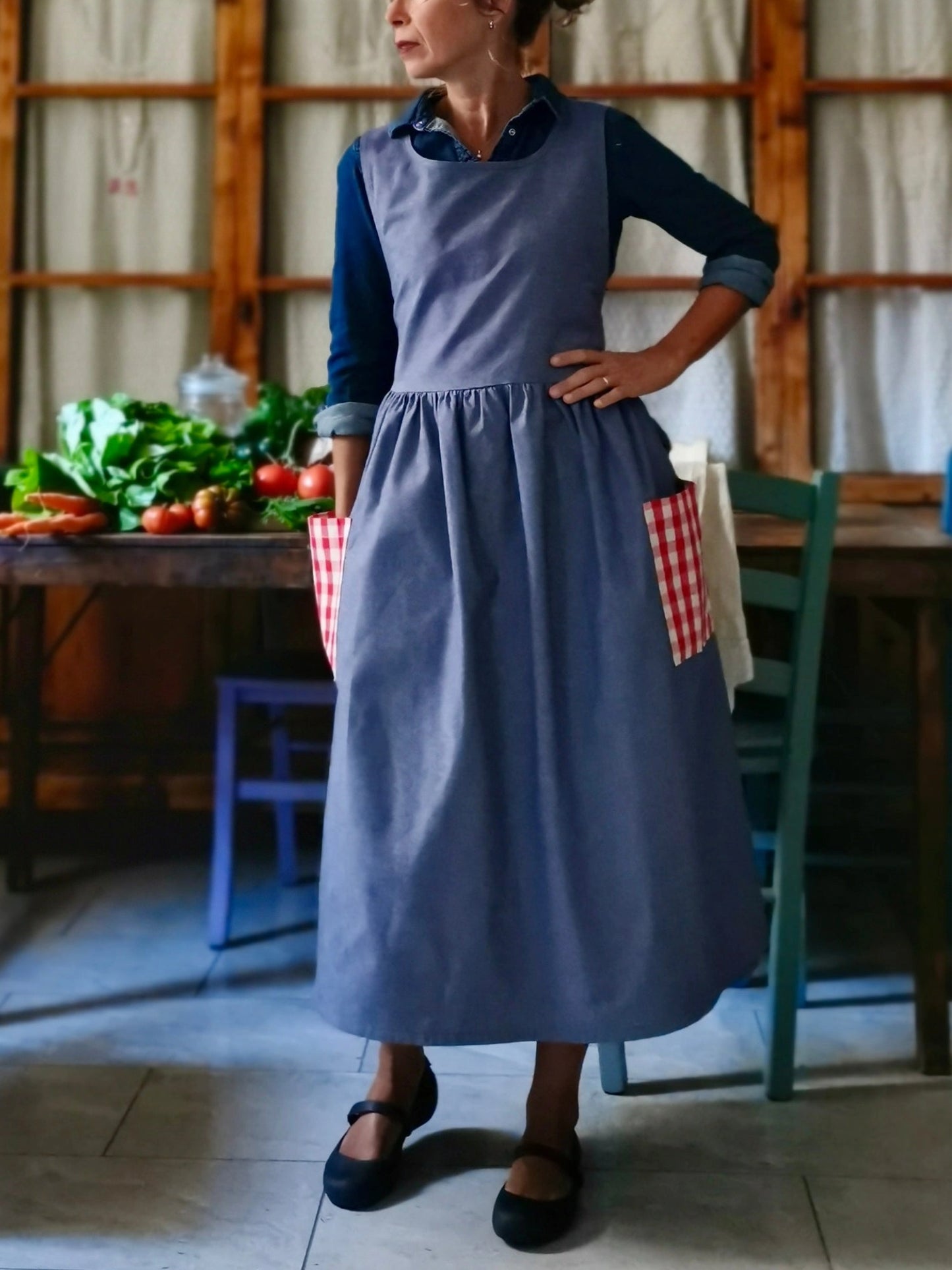 Navy Blue Apron with Red Checkered Pockets