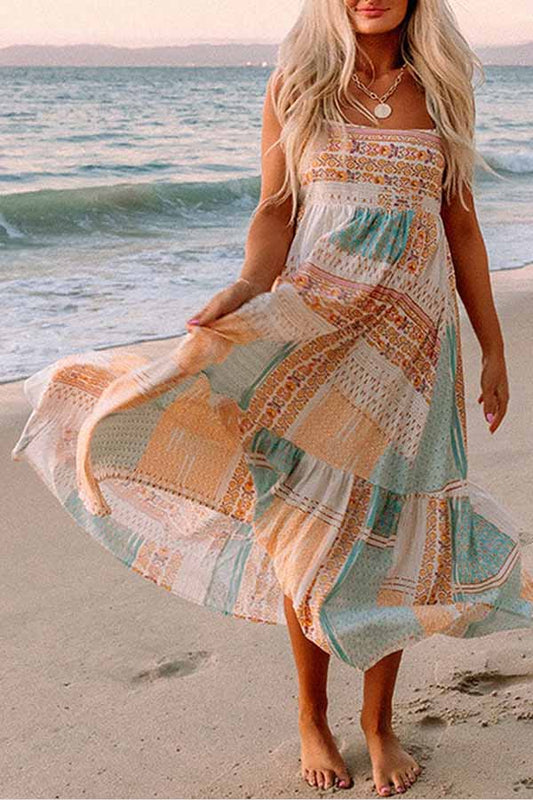 Multicolor Boho Patchwork Print Square Neck Sundress