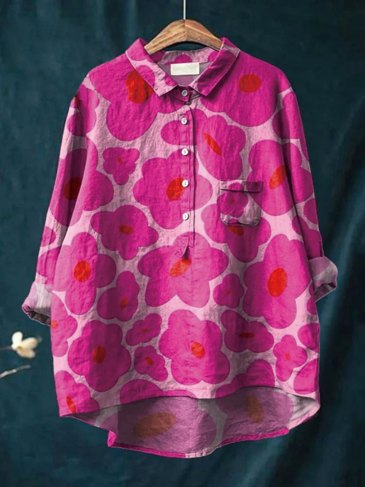 Vibrant Pink Floral Pattern Printed Women's Casual Cotton And Linen Shirt