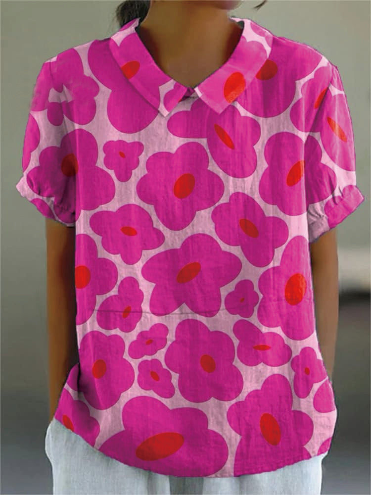 Vibrant Pink Floral Pattern Printed Women's Casual Cotton And Linen Shirt