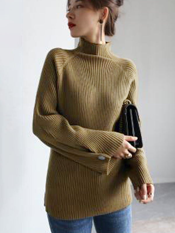 Simple Loose Solid Color High-Neck Sweater