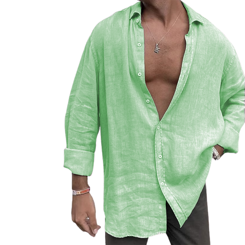 Solid Shirt Flax Polo Collar Long Sleeve Casual Shirt