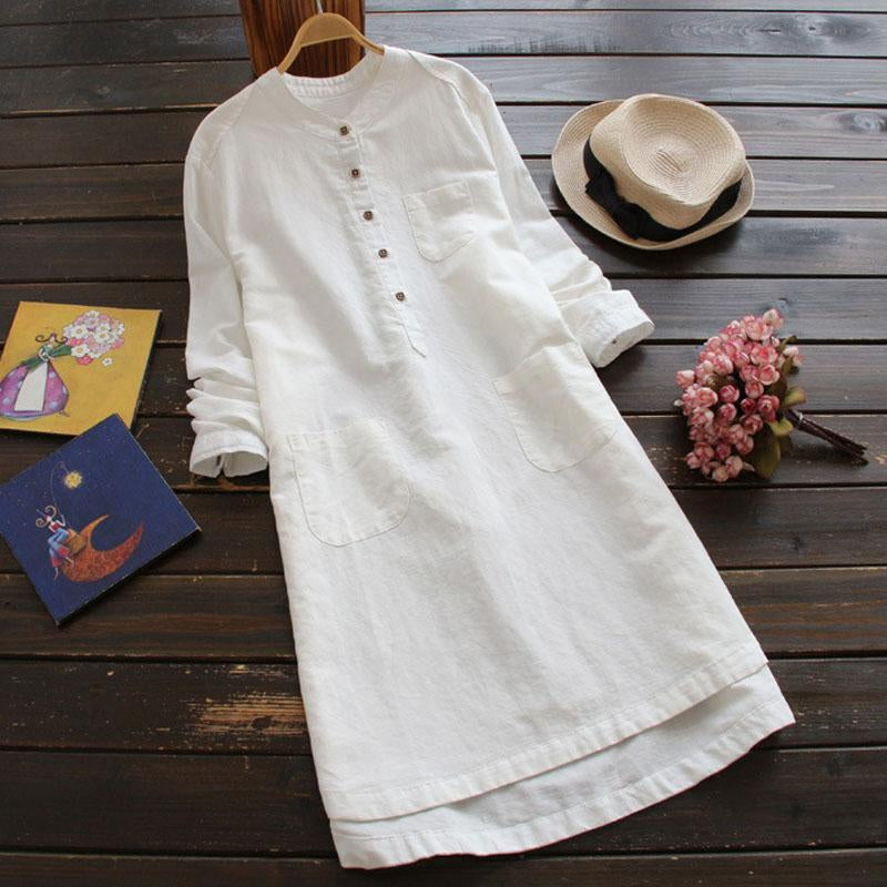 Loose stand-up collar long-sleeved solid color cotton and linen shirt dress