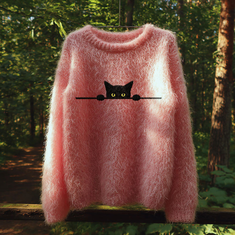 Retro Casual Pink Awareness Black Cat Embroidered Sweater