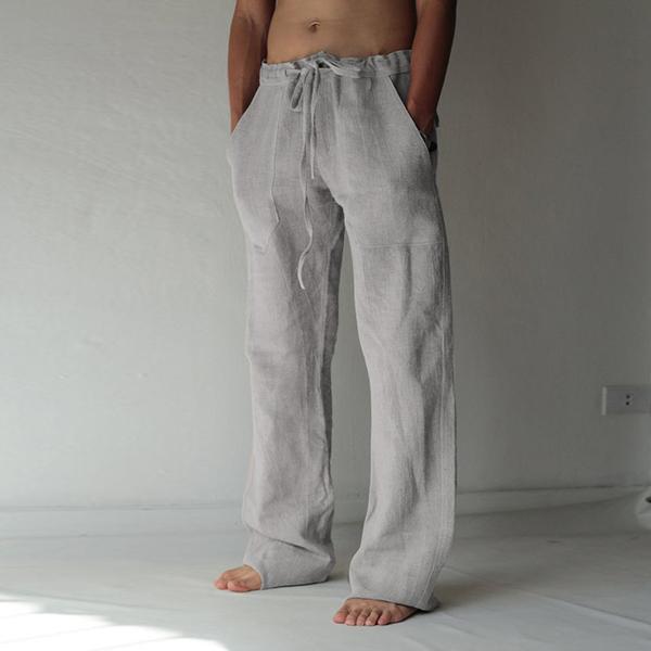 Loose Fit Leisure Trousers Drawstring Elastic Waist Solid Color Linen Straight Pants Long Pants Homewear