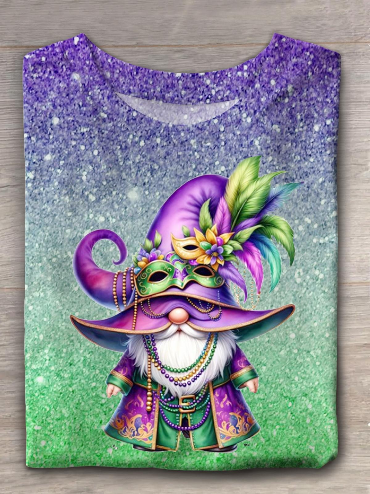 Mardi Gras Gnome Printed Crew Neck T-shirt