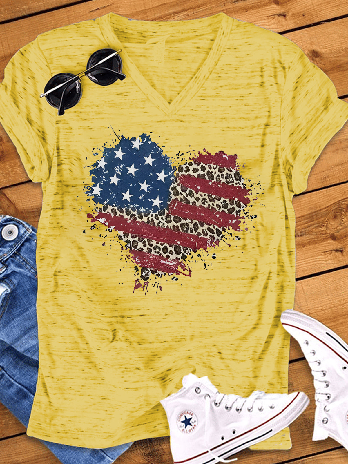 American Flag Heart Print V Neck T-shirt