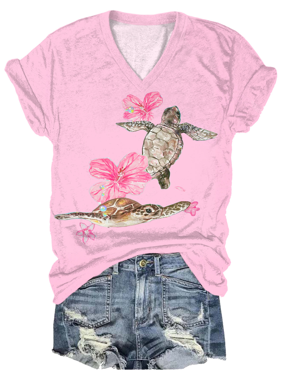 Floral Turtle  V-neck T-Shirt