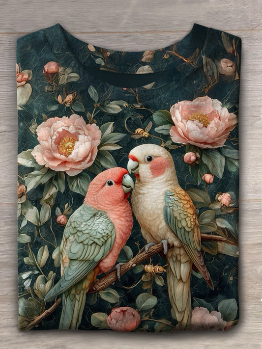 Women's Classic Floral Couple Parrot Vintage Print Casual T-shirt