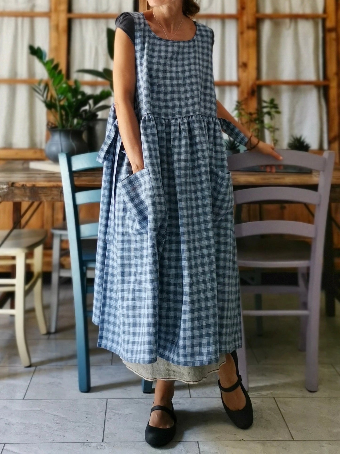 Sky Blue and Grey Tartan Cotton Kitchen Apron