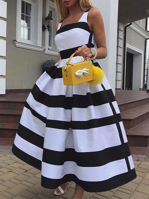 Sleeveless Striped Square-Neck Maxi Dresses