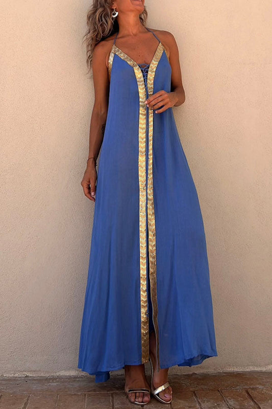 Del Mar Sequin Trim Lace-up Halter Elastic Back Maxi Dress