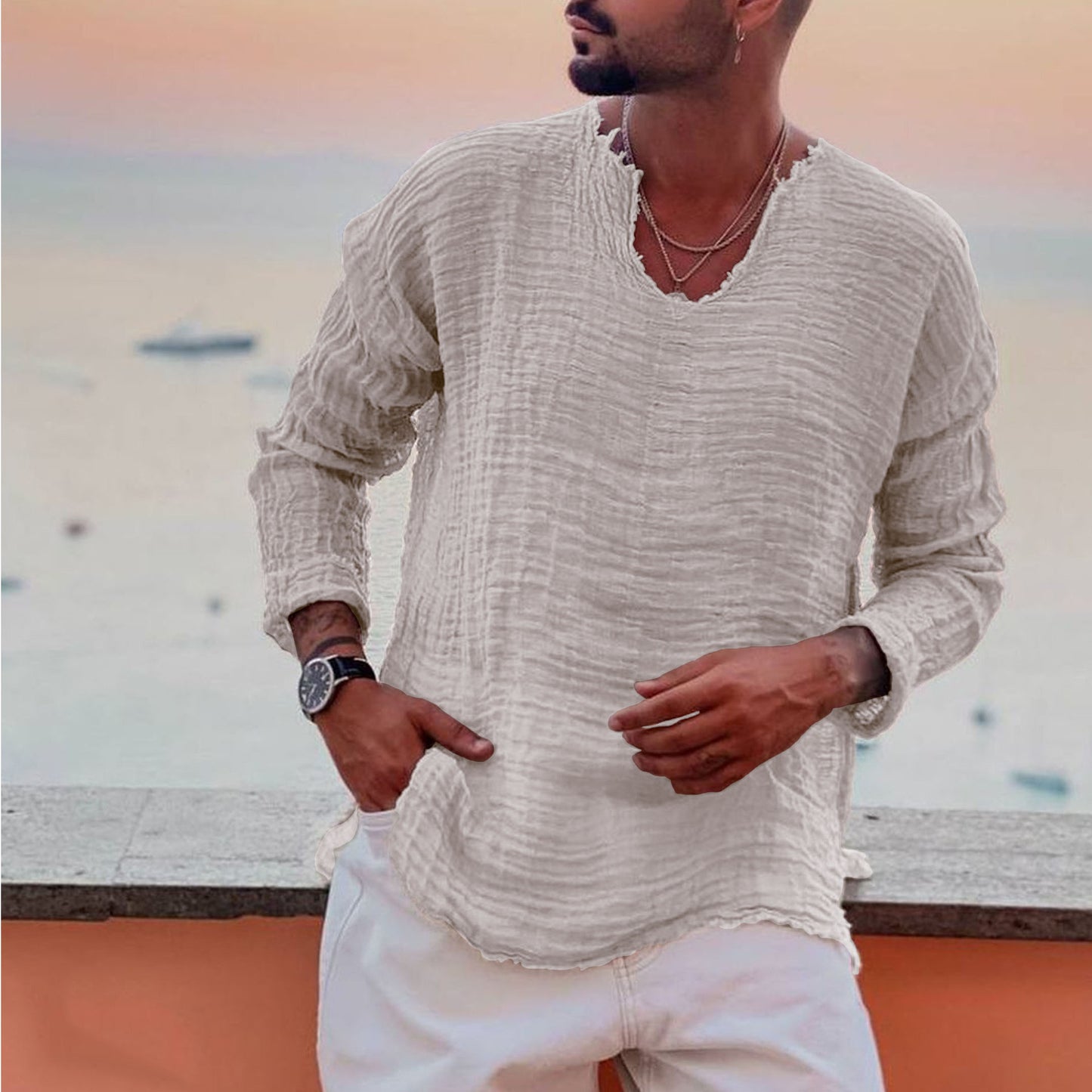 Men's Linen Summer Casual Beach Shirt White Blue Brown Long Sleeve Plain V Neck Casual Daily Clothing Apparel