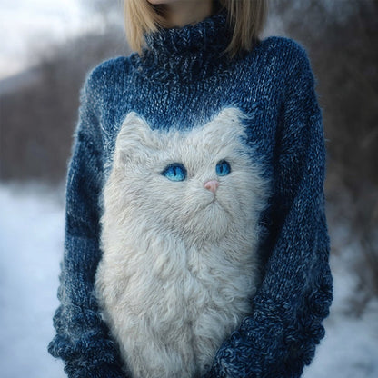 Pretty White Cat Embroidered Cozy Turtleneck Sweater