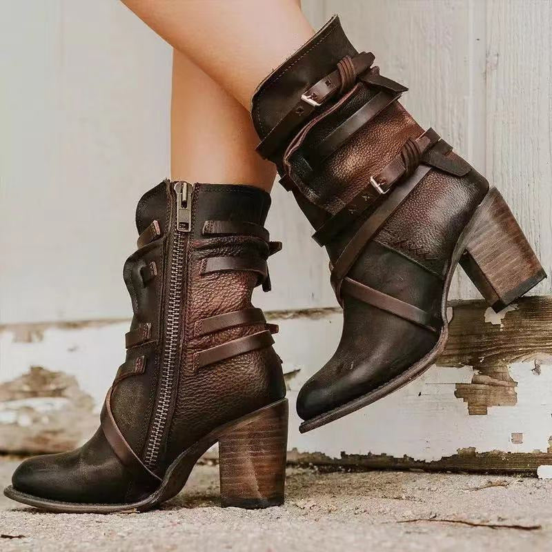 Vintage Buckle Zipper Mid-Calf Boots