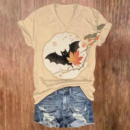 Halloween Bat Print V-neck T-Shirt