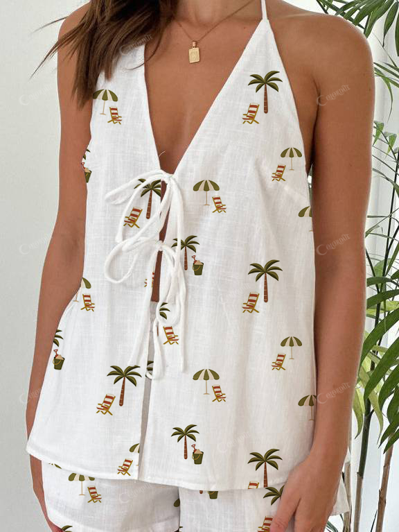 Summer Lounge Chair Print Halter Neck Tie-Up Top And Shorts Suit
