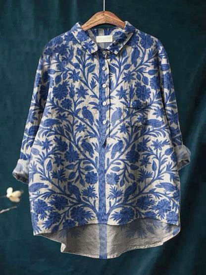 Women's Indian Art Floral Vintage Print Casual Cotton And Linen Shirt