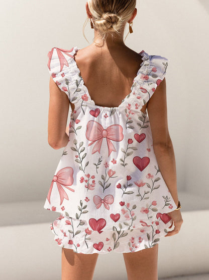 Bow Tie Love Flower Print Ruffled Trim Short Tank Top Shorts Pajama Set