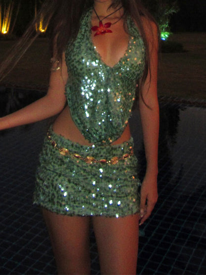 Halter neck backless sequin set
