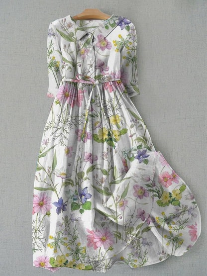 Women's Vintage Botanical Floral Design Print Lace-Up Dress