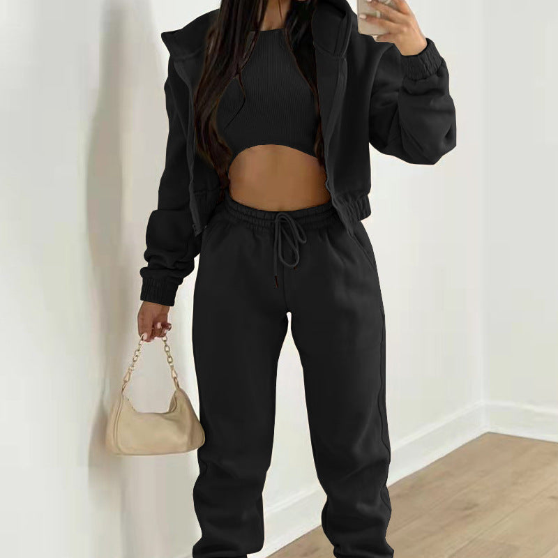 Simple hooded sweatshirt sports three piece set