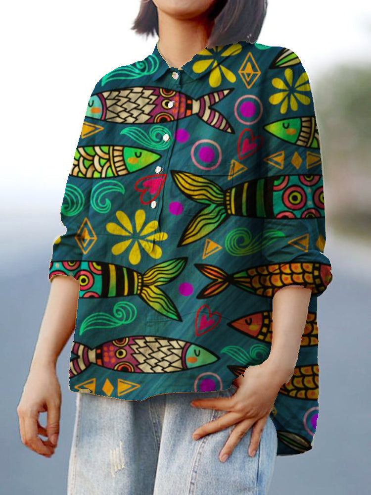 Women's Colorful Sardine Fish Pattern Printed Cotton And Linen Shirt