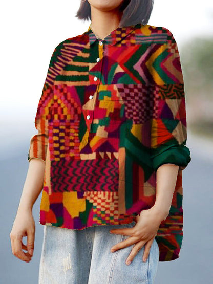 Women's Irregular Geometry Print Casual Cotton And Linen Shirt